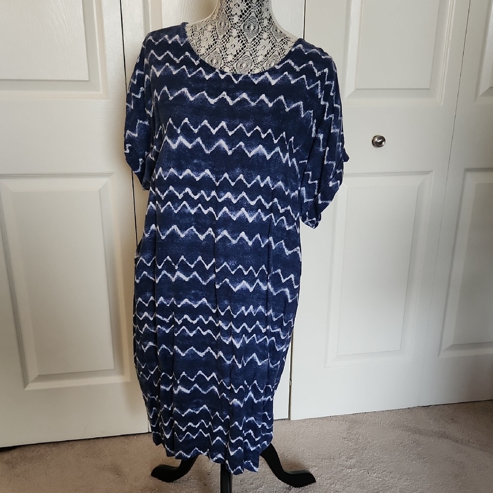 Blue and White Casual Sheath Midi Dress with Dolman Sleeves